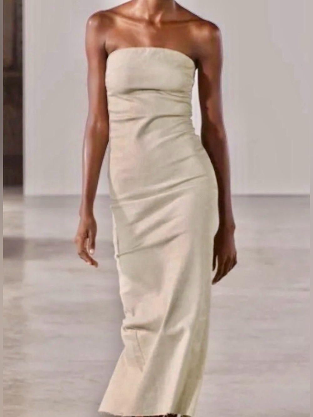 Strapless Denim Maxi Dress in Light Beige